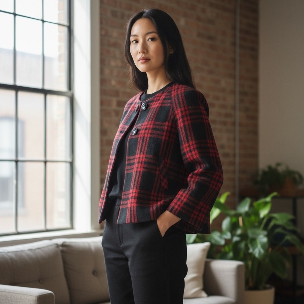 LARRY LEVINE Red Black‎ Tartan Plaid Cropped Blazer Ladies Jacket Holiday Office
